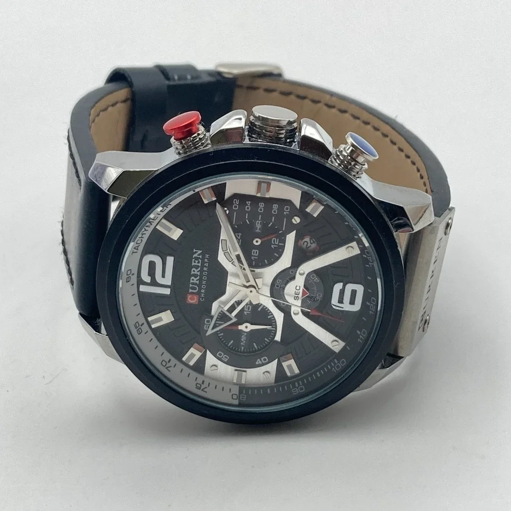 Curren Men's Chronograph Watch 48mm Silver Tone Black Date WR New Battery 10